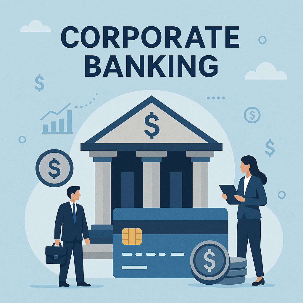 Corporate banking illustrated with bank building, business people, credit card, coins, and financial icons.
